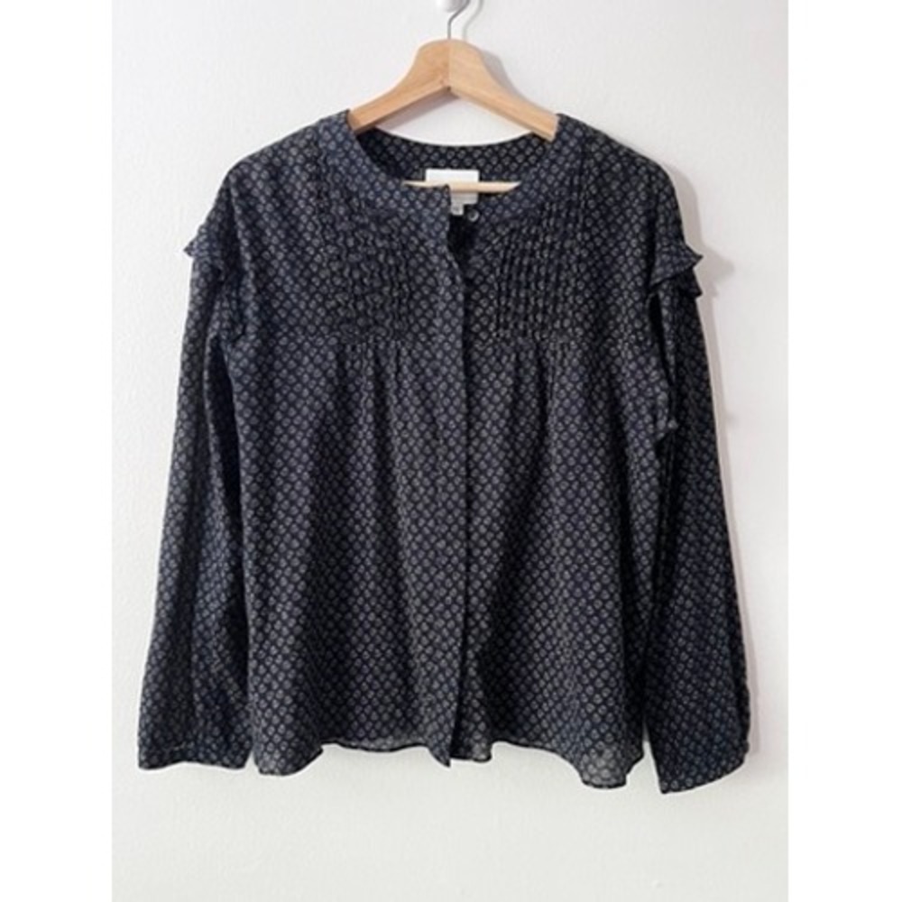 Steven Alan Button Up Floral Print Crew‎ Neck Long Sleeve Blouse Navy size small